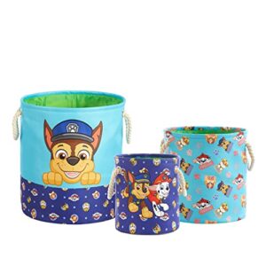 paw patrol 3 piece multi size fabric nestable toy storage basket set, with rope carry handles