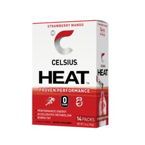 celsius fgss1312 heat on-the-go performance energy powder stick packets, strawberry mango (pack of 14)