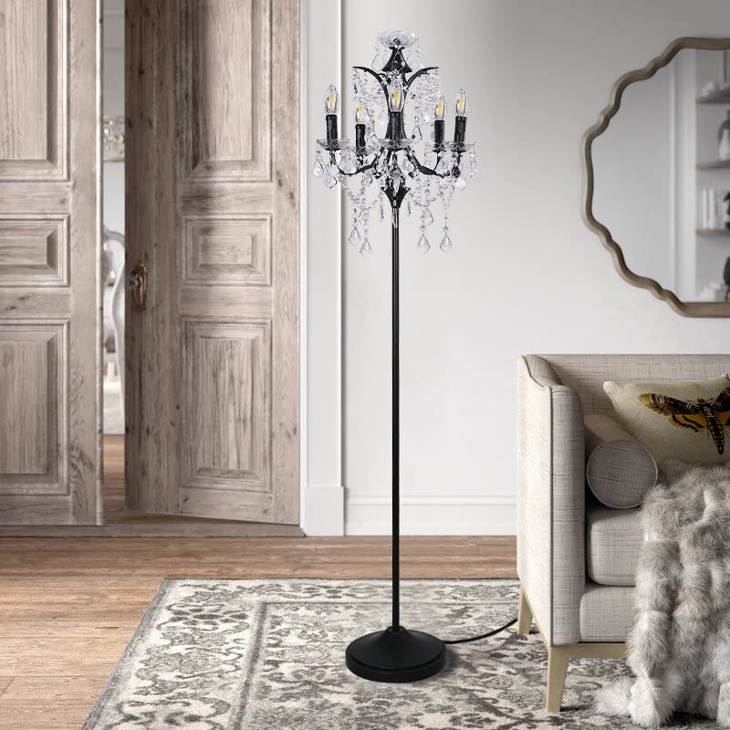 TOCHIC 5-Light Farmhouse Tranditional Crystal Floor Lamp, Black Craft Candelabra Lighting Fixture 65'' Tall for Living Room, Dining Room, Entryway, Bedroom