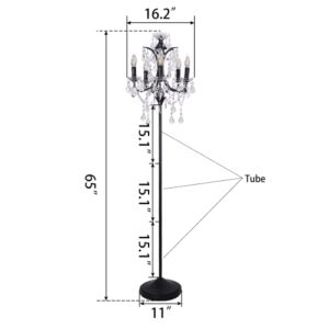 TOCHIC 5-Light Farmhouse Tranditional Crystal Floor Lamp, Black Craft Candelabra Lighting Fixture 65'' Tall for Living Room, Dining Room, Entryway, Bedroom