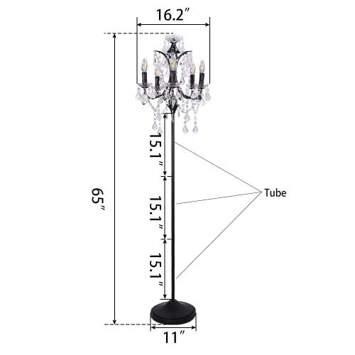 TOCHIC 5-Light Farmhouse Tranditional Crystal Floor Lamp, Black Craft Candelabra Lighting Fixture 65'' Tall for Living Room, Dining Room, Entryway, Bedroom