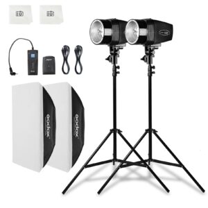 godox professional studio strobe lights kit for photography, strobe softbox lighting kit, 2x180w 5600k monolights with trigger, softbox, light stands