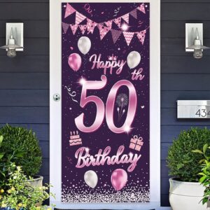 happy 50th birthday sweet purple rose banner backdrop balloons confetti cheers to 50 years old bday theme decorations decor for door cover porch women men 50th birthday party supplies background