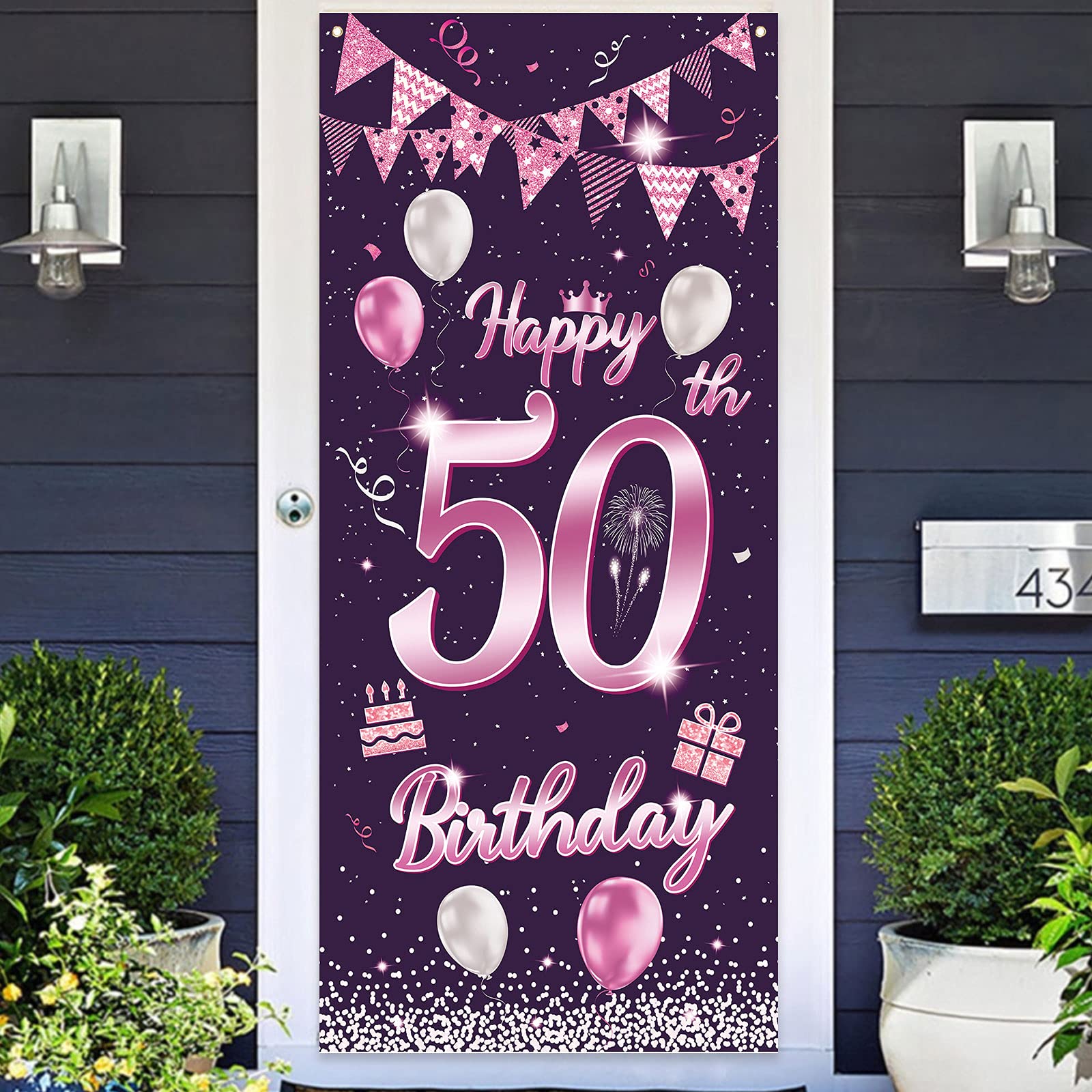 Happy 50th Birthday Sweet Purple Rose Banner Backdrop Balloons Confetti Cheers to 50 Years Old Bday Theme Decorations Decor for Door Cover Porch Women Men 50th Birthday Party Supplies Background