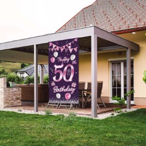 Happy 50th Birthday Sweet Purple Rose Banner Backdrop Balloons Confetti Cheers to 50 Years Old Bday Theme Decorations Decor for Door Cover Porch Women Men 50th Birthday Party Supplies Background
