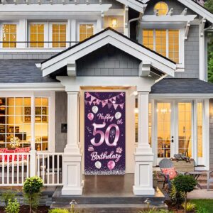 Happy 50th Birthday Sweet Purple Rose Banner Backdrop Balloons Confetti Cheers to 50 Years Old Bday Theme Decorations Decor for Door Cover Porch Women Men 50th Birthday Party Supplies Background