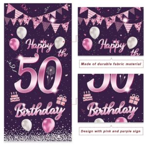 Happy 50th Birthday Sweet Purple Rose Banner Backdrop Balloons Confetti Cheers to 50 Years Old Bday Theme Decorations Decor for Door Cover Porch Women Men 50th Birthday Party Supplies Background