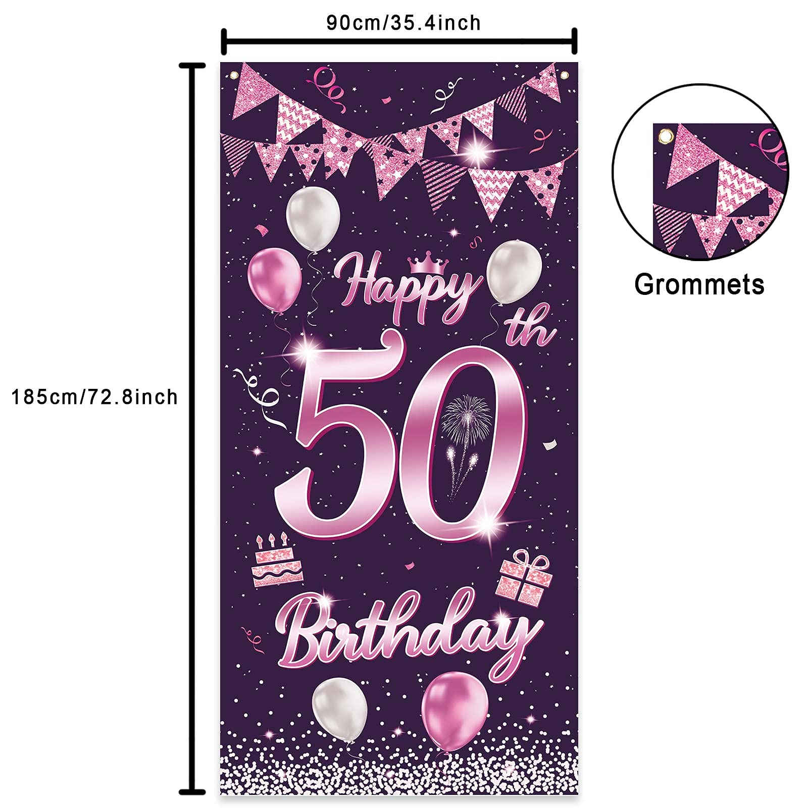 Happy 50th Birthday Sweet Purple Rose Banner Backdrop Balloons Confetti Cheers to 50 Years Old Bday Theme Decorations Decor for Door Cover Porch Women Men 50th Birthday Party Supplies Background