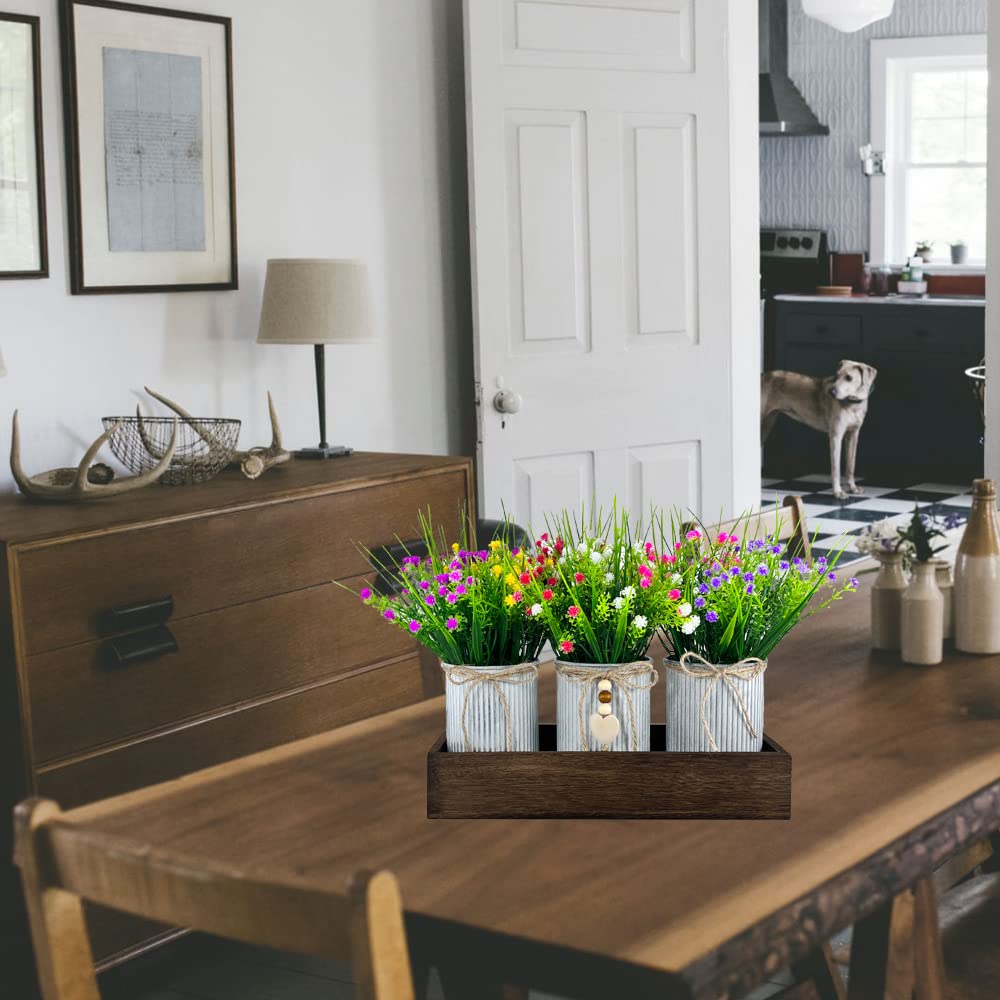 CALAVAK Decorative Centerpiece Wooden Tray with 3 Metal Potted Artificial Babys Breath Gypsophila Plant Flowers Rustic Country Farmhouse Décor for Dining Room, Living Room and Kitchen Table