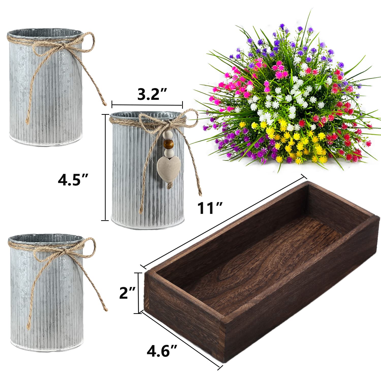 CALAVAK Decorative Centerpiece Wooden Tray with 3 Metal Potted Artificial Babys Breath Gypsophila Plant Flowers Rustic Country Farmhouse Décor for Dining Room, Living Room and Kitchen Table