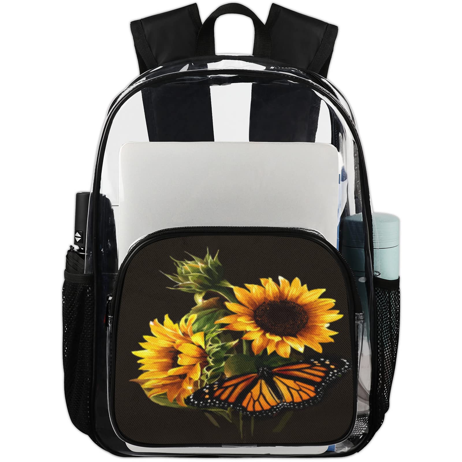 Butterfly Sunflower Clear Backpack, Sunflower Pattern Heavy Duty Transparent Clear Bag Computer Daypack for School, Security, Work, Sports, Stadium, Travel, College