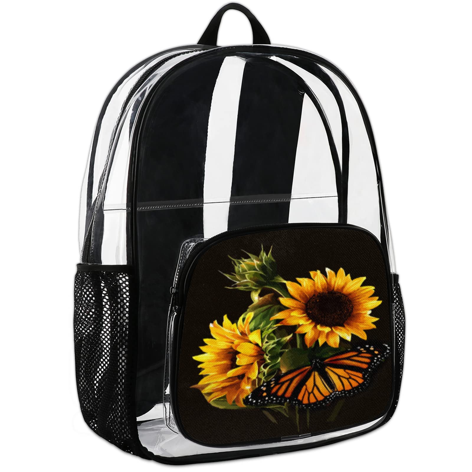 Butterfly Sunflower Clear Backpack, Sunflower Pattern Heavy Duty Transparent Clear Bag Computer Daypack for School, Security, Work, Sports, Stadium, Travel, College