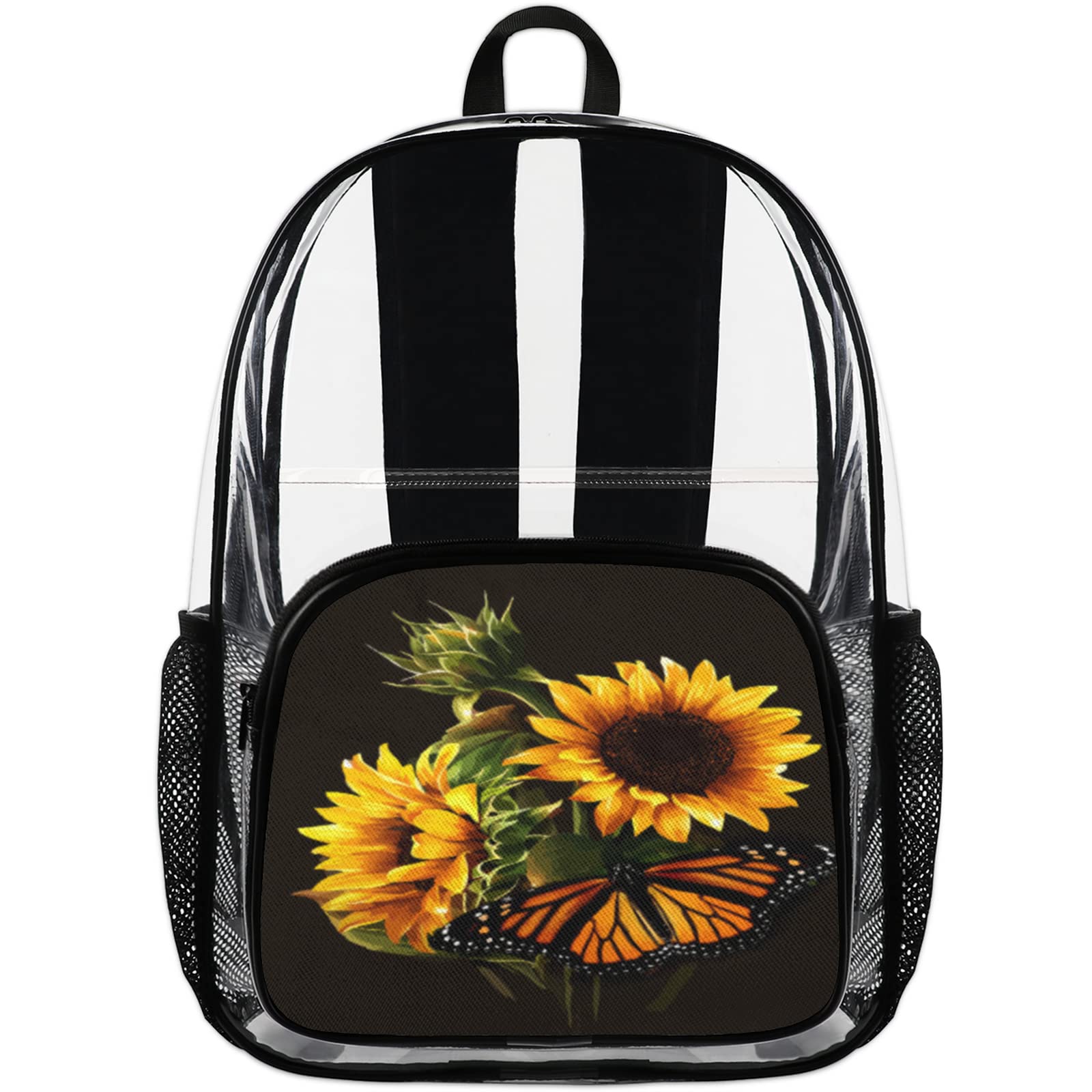 Butterfly Sunflower Clear Backpack, Sunflower Pattern Heavy Duty Transparent Clear Bag Computer Daypack for School, Security, Work, Sports, Stadium, Travel, College