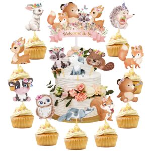 49 pcs woodland cupcake topper and cake topper animal floral woodland baby shower decorations welcome baby deer bear creatures theme woodland party supplies for baby girls boy birthday