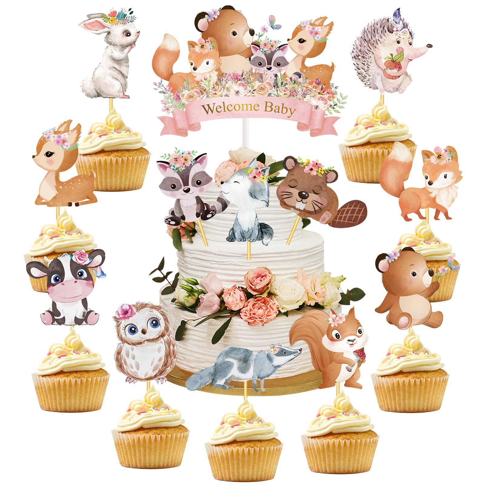 49 Pcs Woodland Cupcake Topper and Cake Topper Animal Floral Woodland Baby Shower Decorations Welcome Baby Deer Bear Creatures Theme Woodland Party Supplies for Baby Girls Boy Birthday