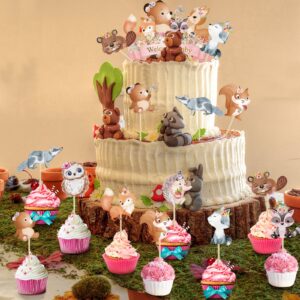 49 Pcs Woodland Cupcake Topper and Cake Topper Animal Floral Woodland Baby Shower Decorations Welcome Baby Deer Bear Creatures Theme Woodland Party Supplies for Baby Girls Boy Birthday