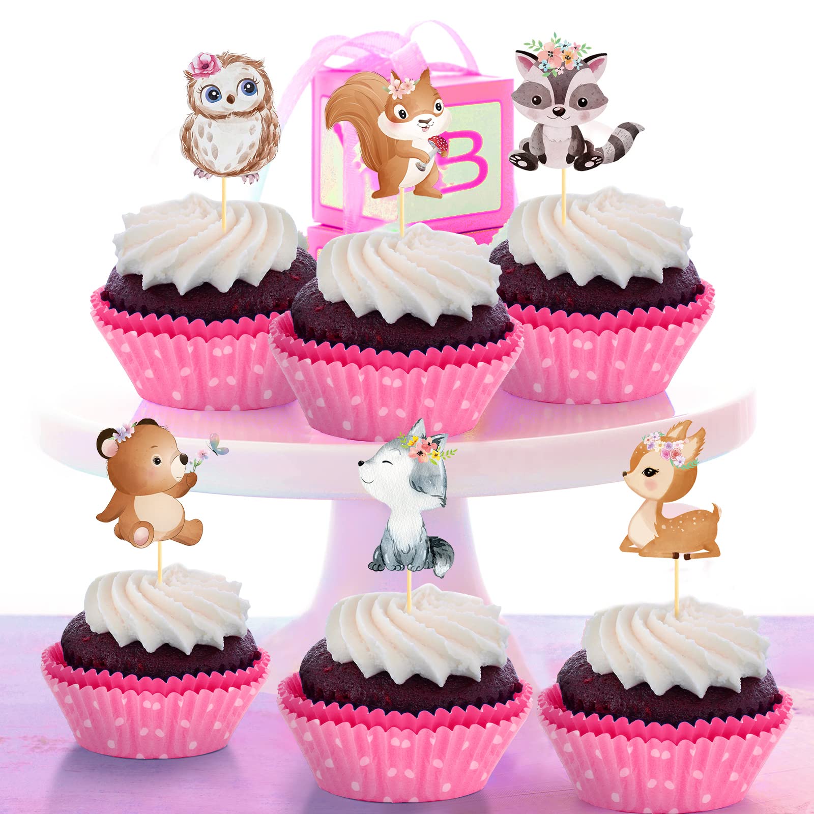 49 Pcs Woodland Cupcake Topper and Cake Topper Animal Floral Woodland Baby Shower Decorations Welcome Baby Deer Bear Creatures Theme Woodland Party Supplies for Baby Girls Boy Birthday