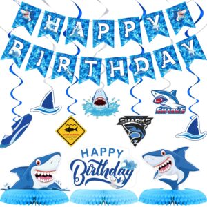 28 pieces shark party supplies set includes 12 pieces hanging swirls shark happy birthday banner 12 pieces hanging cutouts 3 pieces birthday honeycomb centerpiece for birthday party decorations