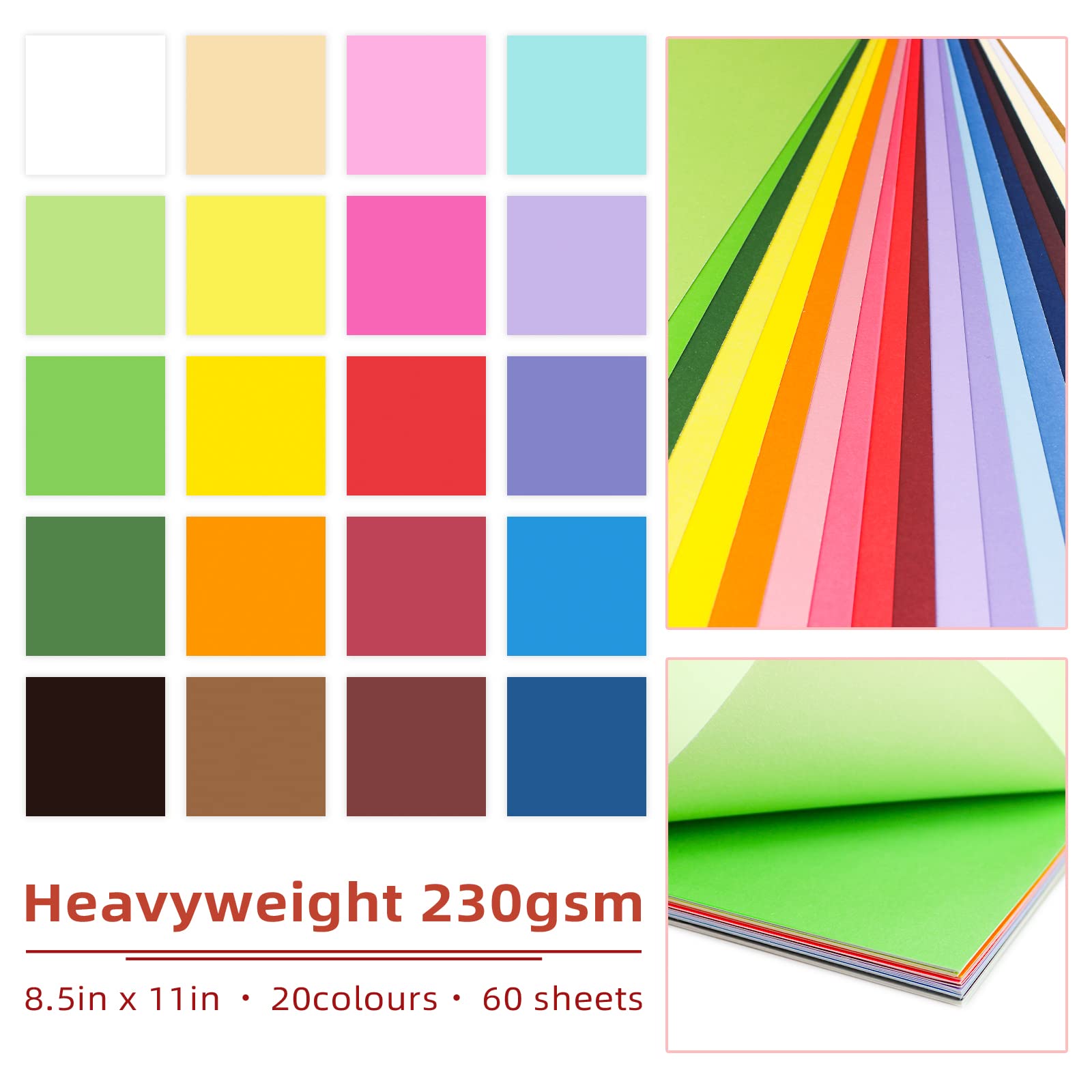 60 Sheets Colored Cardstock 8.5 x 11 Assorted 20 Colors, 85 lb Solid Core Colored Card Stock Printer Paper8.5 x 11 for Card Making, Cricut, Craft, Scrapbooking