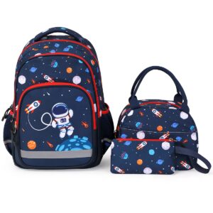 dorlubel lightweight backpack for boys school backpack with insulated lunch tote & pencil case preschool kindergarten elementary book bag set(navy blue space)