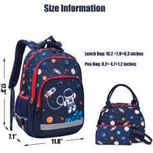 Dorlubel Lightweight Backpack for Boys School Backpack with Insulated Lunch Tote & Pencil Case Preschool Kindergarten Elementary Book Bag Set(Navy Blue Space)