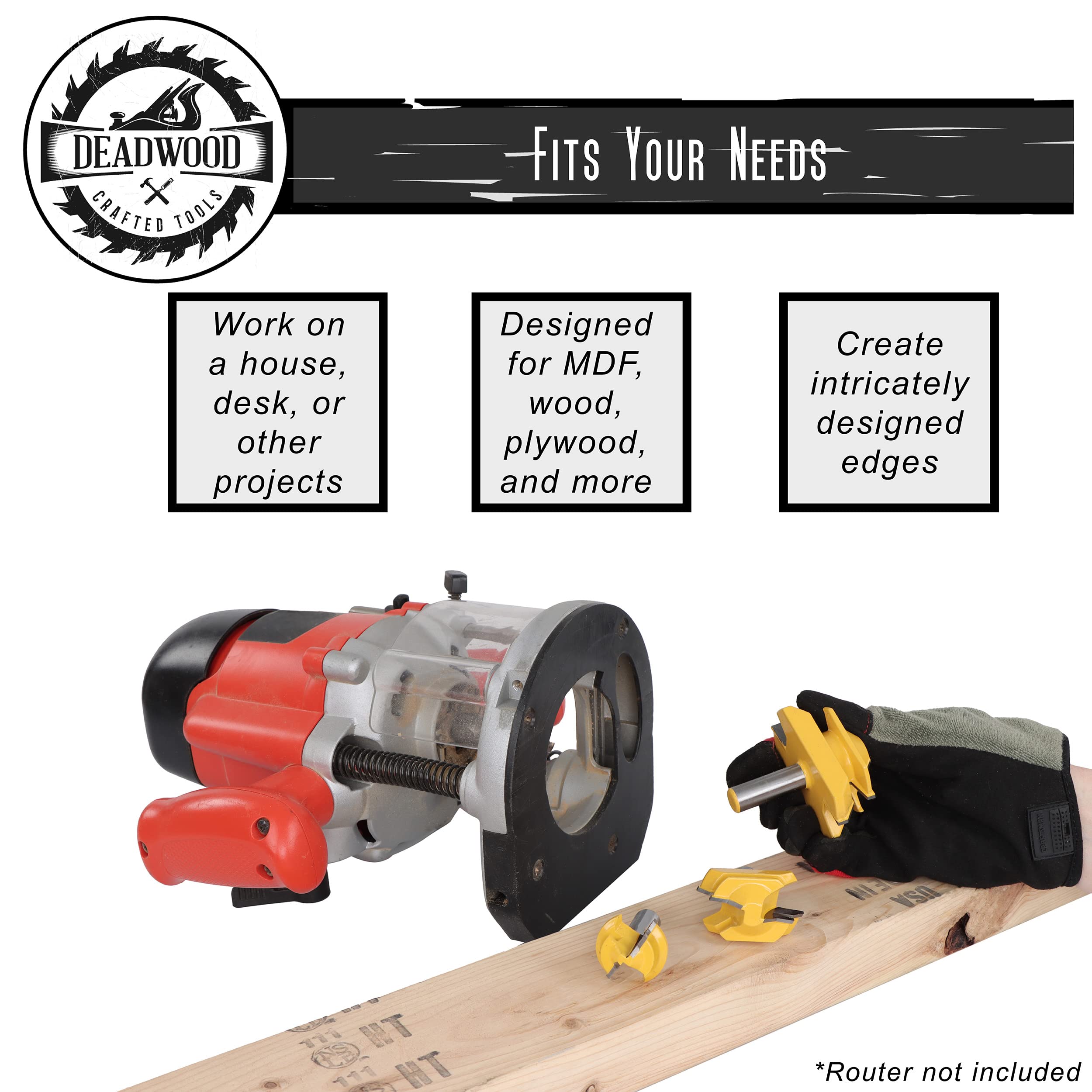 Deadwood Crafted Tools 45 Degree Locking Miter Bit Set - 3Pc 1/2in Wood Router Bits for 3/8 to 1-1/4in Wood Boards