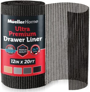mueller ultra-premium drawer and shelf liner, 12 inch x 20 ft heavy-duty and slip-resistant liner, durable non adhesive waterproof roll, for drawers, kitchen, cabinets, shelves, desks, black