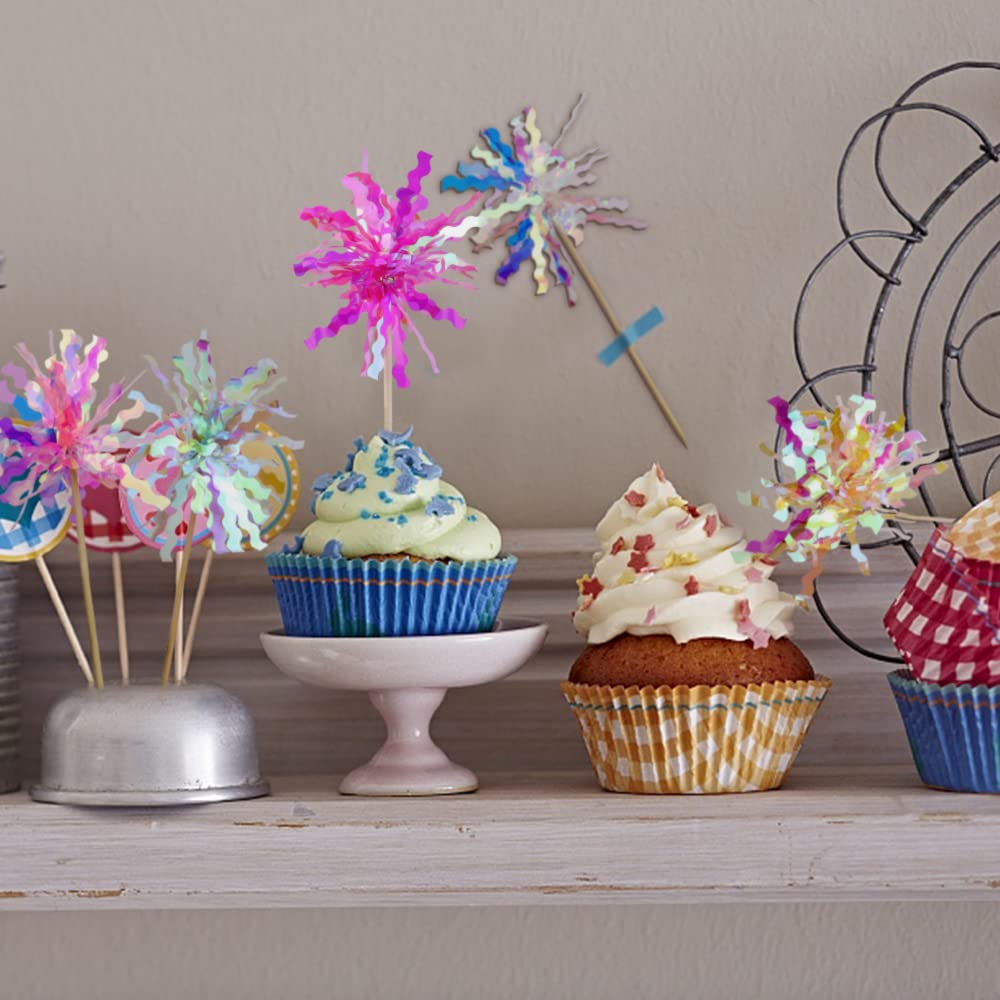 JOGILBOY 10 Pcs Happy Birthday Cake Toppers Foil Firework Cupcake Toppers Sparkle Tinsel Drink Stirrers Flowers Cake Decoration Cocktail Food Fruit Toothpick for Cake Decoration Party Supplies
