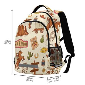 Coloful America Western Cowboy Backpack Laptop Bag Wildlife Lasso Cactus Gold Shoulder Bookbag Casual Travel Camping Daypack Safe Reflective Stripes Large Capacity