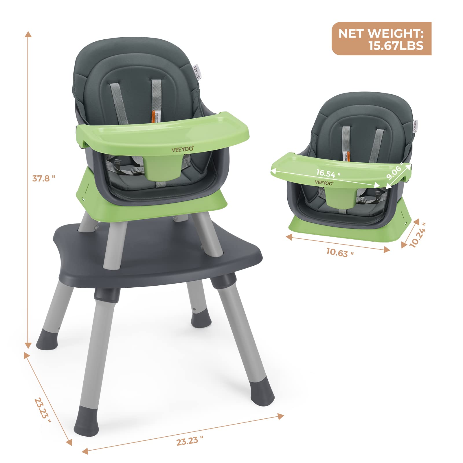 VEEYOO Baby High Chair 6 in 1, Convertible high Chair/Dinning Booster Seat/Toddlers Table & Chair Set with Easy Clearance, Removable Tray, Adjustable Legs, Safety Harness for Girl/boy