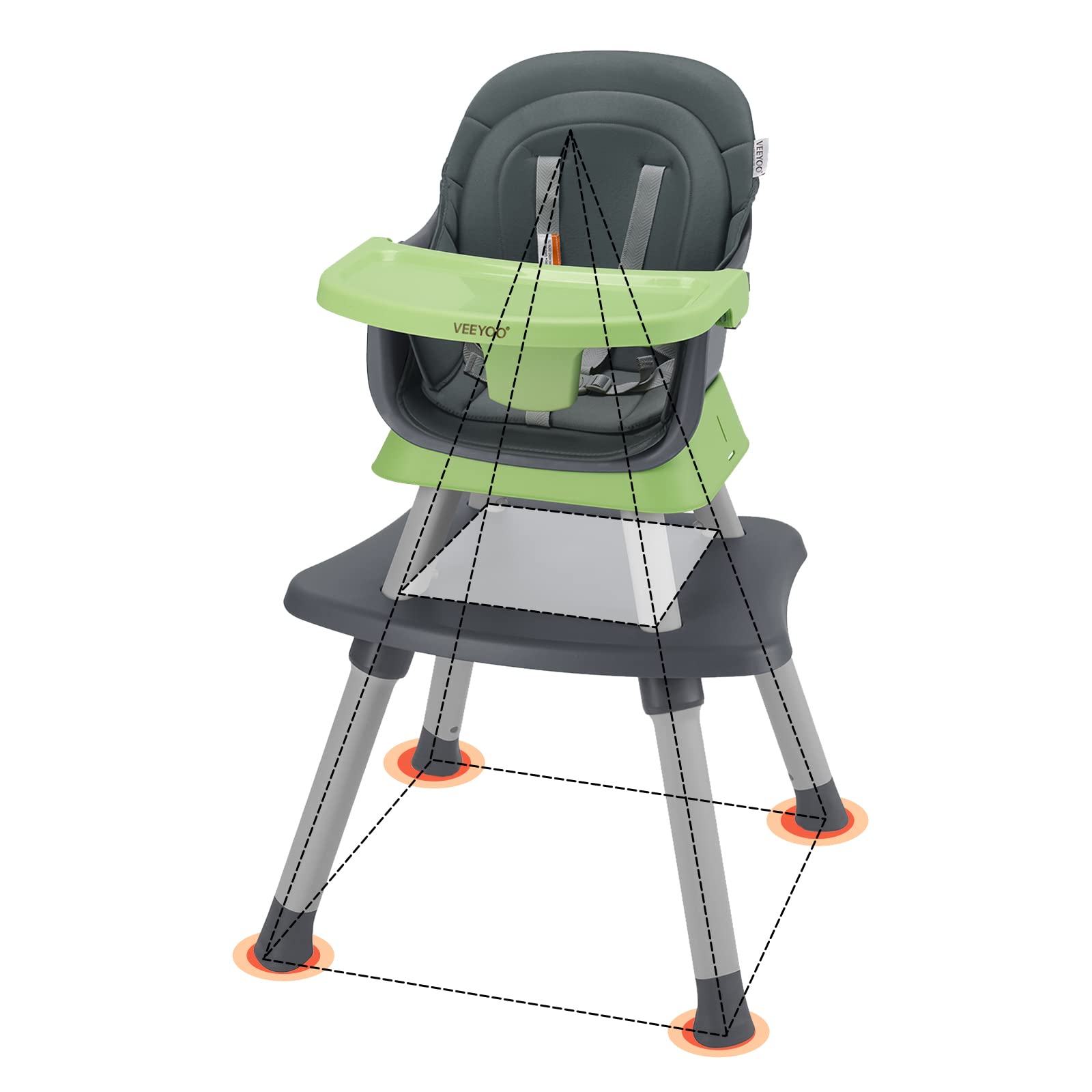 VEEYOO Baby High Chair 6 in 1, Convertible high Chair/Dinning Booster Seat/Toddlers Table & Chair Set with Easy Clearance, Removable Tray, Adjustable Legs, Safety Harness for Girl/boy