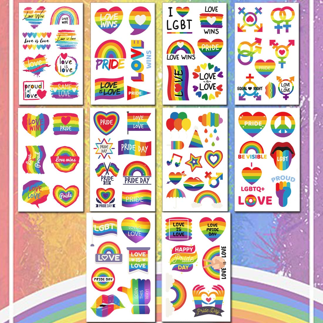 Ooopsiun 80 Pcs Rainbow Temporary Tattoos -10 Sheets Pride Tattoos Flower/Heart/Rainbow Tattoos for Pride Festivals