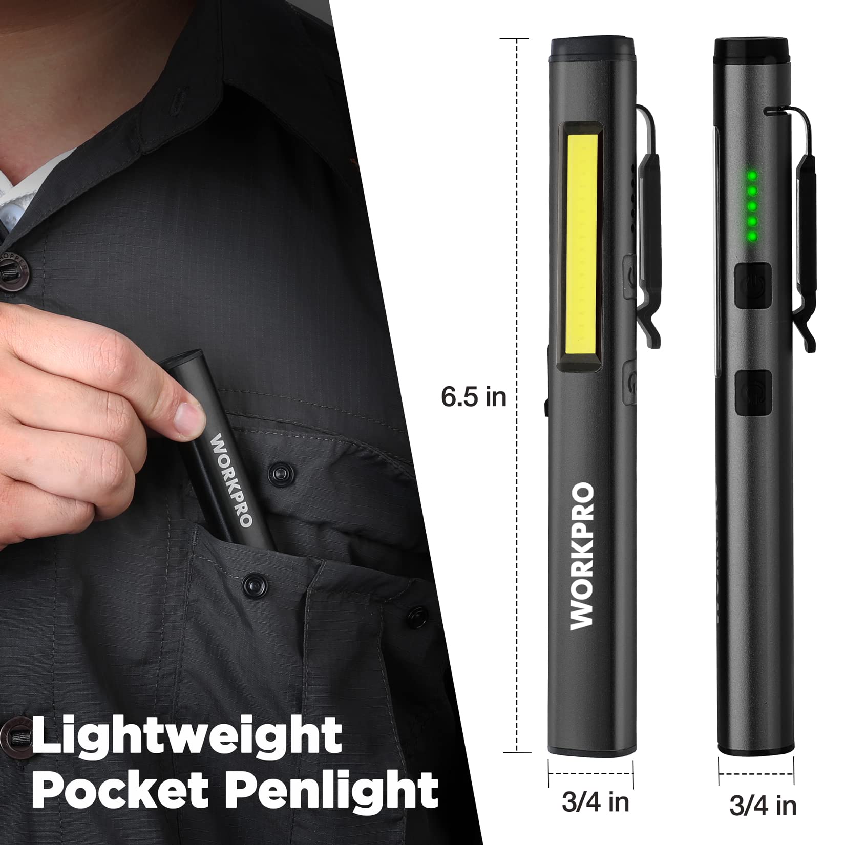 WORKPRO Flashlight Pen Light, Rechargeable Penlight with 365 nm UV Black Light, 450 Lumen LED Mini Pocket Flashlight, Great Gifts