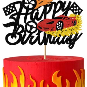 Bdayshop Fire Car Cake Topper Race Cars Cake Decorations Glitter Red Hot Car Cake Toppers for Boys Girls Racing Car Theme Birthday Party Supplies for Kids Baby Shower