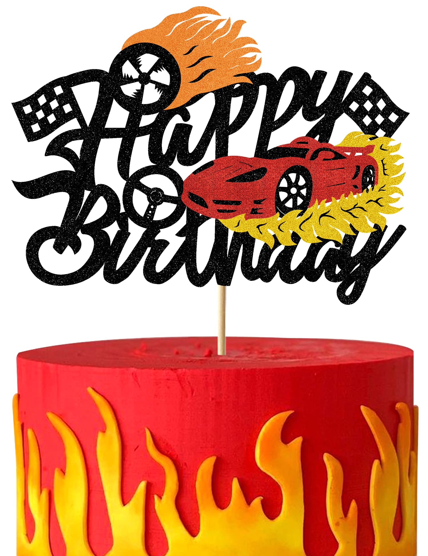 Bdayshop Fire Car Cake Topper Race Cars Cake Decorations Glitter Red Hot Car Cake Toppers for Boys Girls Racing Car Theme Birthday Party Supplies for Kids Baby Shower