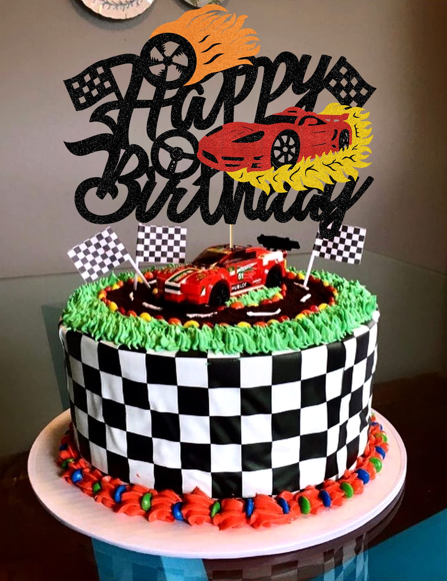 Bdayshop Fire Car Cake Topper Race Cars Cake Decorations Glitter Red Hot Car Cake Toppers for Boys Girls Racing Car Theme Birthday Party Supplies for Kids Baby Shower