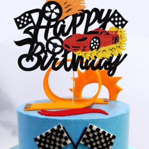 Bdayshop Fire Car Cake Topper Race Cars Cake Decorations Glitter Red Hot Car Cake Toppers for Boys Girls Racing Car Theme Birthday Party Supplies for Kids Baby Shower