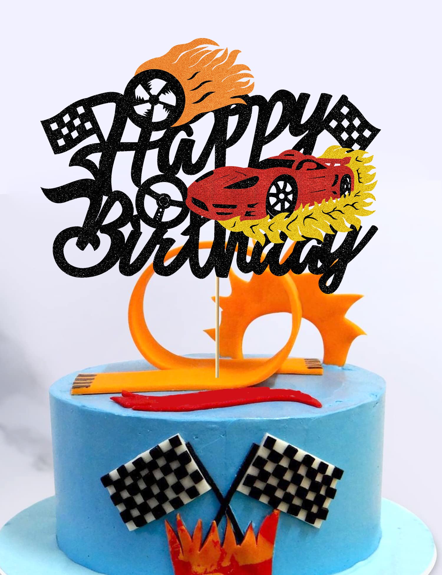 Bdayshop Fire Car Cake Topper Race Cars Cake Decorations Glitter Red Hot Car Cake Toppers for Boys Girls Racing Car Theme Birthday Party Supplies for Kids Baby Shower