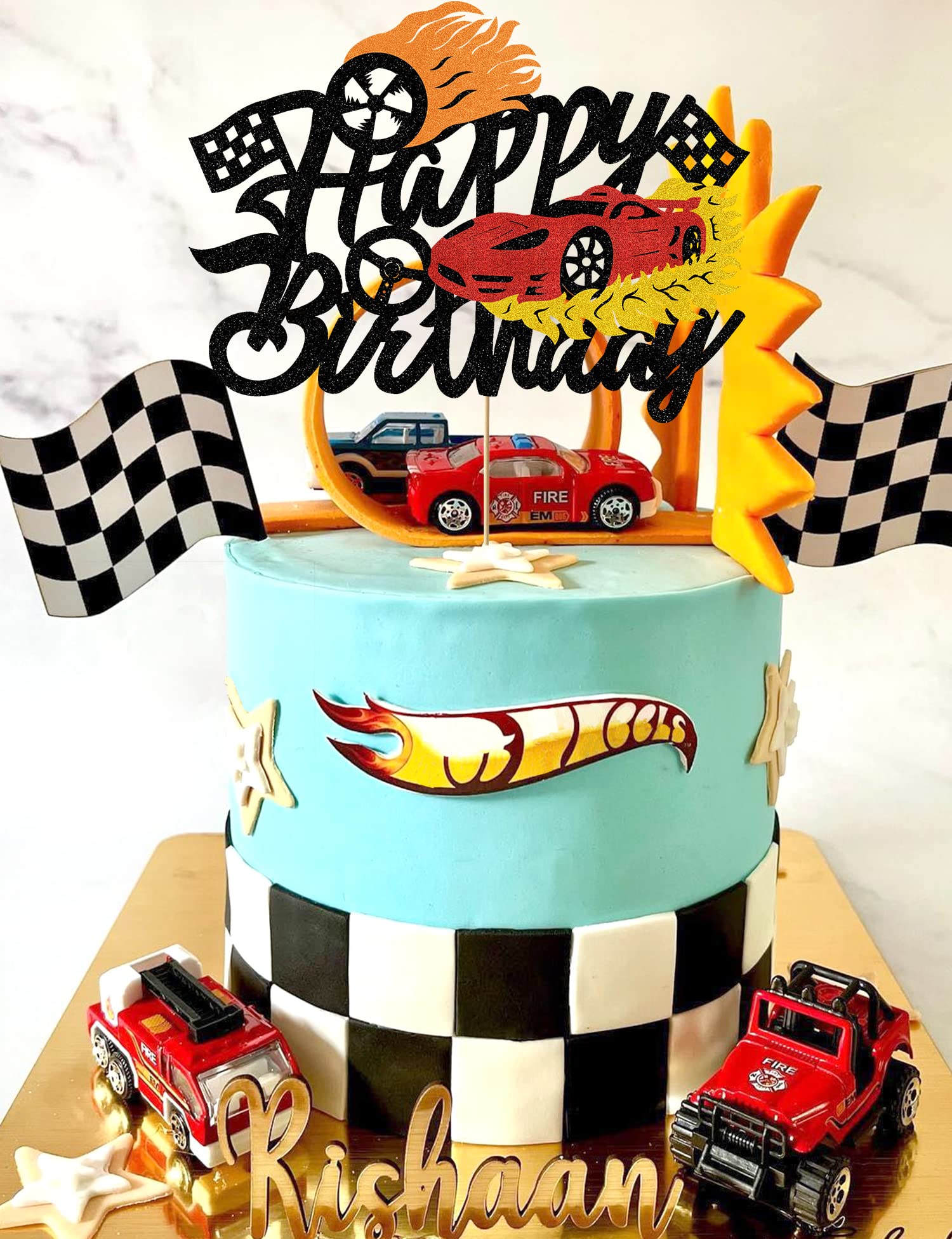 Bdayshop Fire Car Cake Topper Race Cars Cake Decorations Glitter Red Hot Car Cake Toppers for Boys Girls Racing Car Theme Birthday Party Supplies for Kids Baby Shower