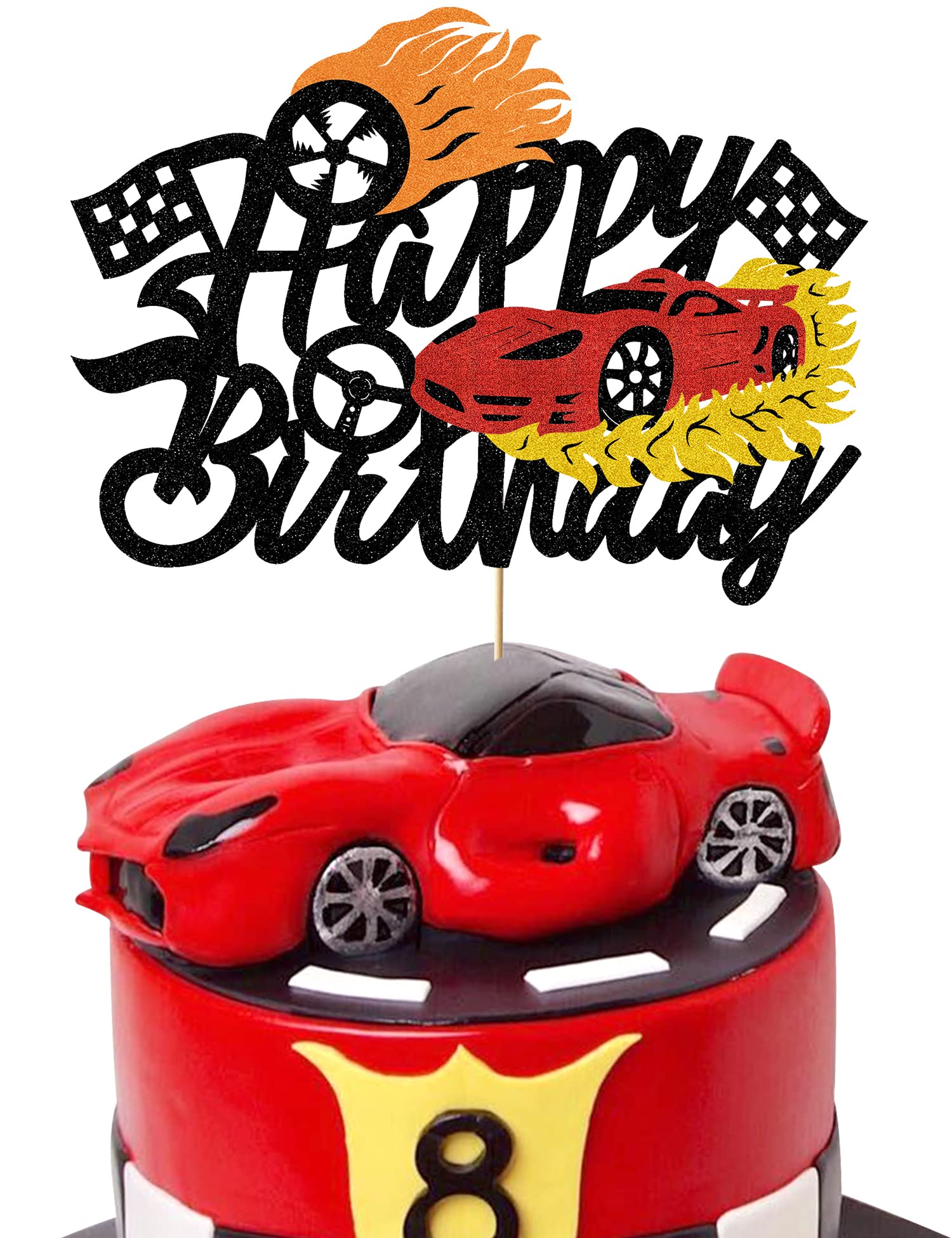 Bdayshop Fire Car Cake Topper Race Cars Cake Decorations Glitter Red Hot Car Cake Toppers for Boys Girls Racing Car Theme Birthday Party Supplies for Kids Baby Shower