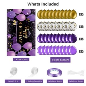 Purple and Gold Birthday Party Decorations Purple Gold Confetti Balloons Kit Happy Birthday Photography Backdrop for Girls Ladies Women Birthday Party Supplies Decor