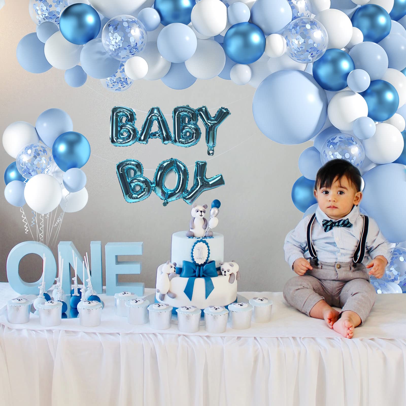 Janinus Blue And White Balloon Arch Garland Kit - Baby Boy Balloons Arch Different Sizes 5 12 18 Inch Blue White Balloons for Boys Baby Shower Decorations Birthday Engagement Party Gender Reveal Decor