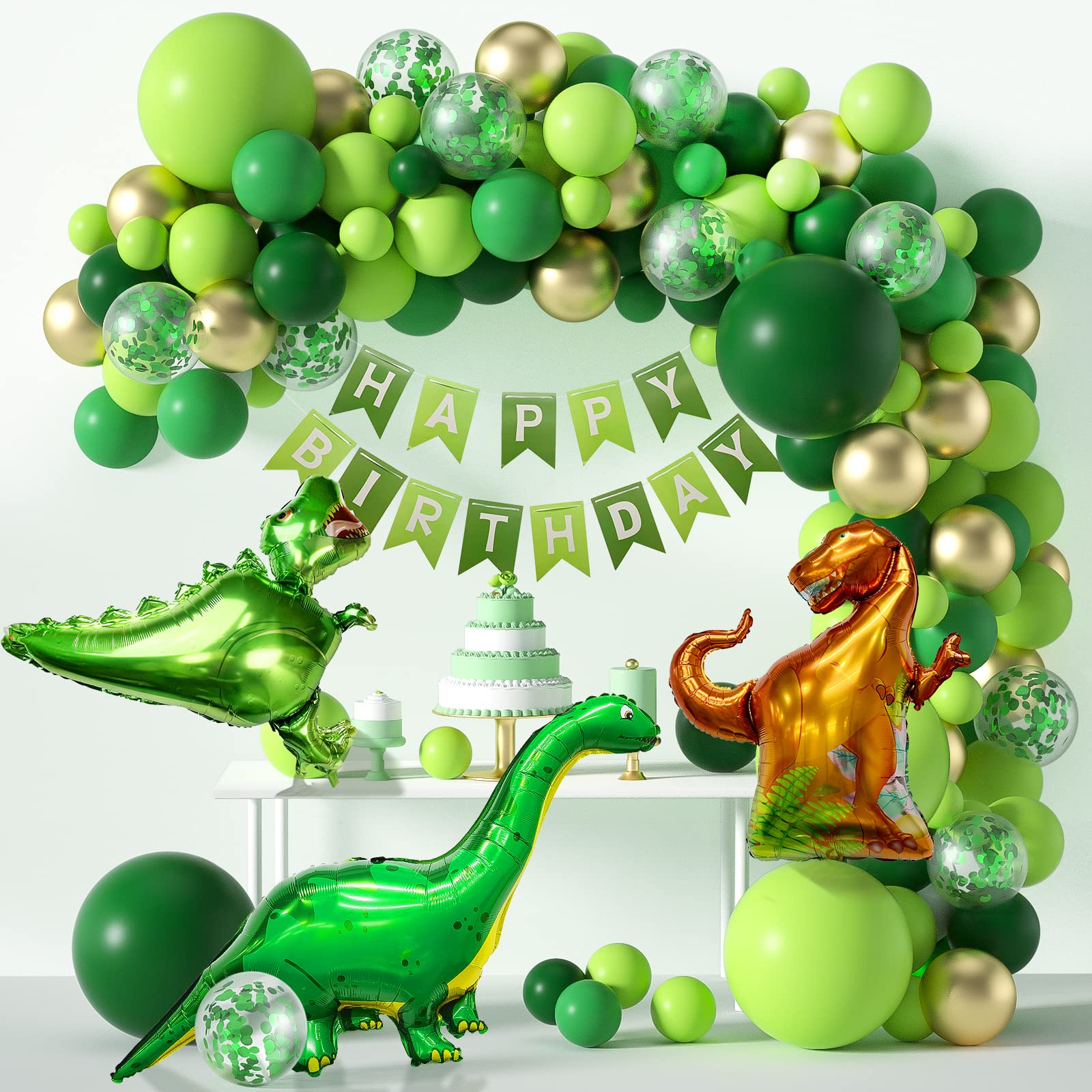 Janinus Dinosaur Party Balloon Garland Kit-119PCS Jurassic World Three Rex Balloon Arch Kit With Green Gold Balloons 4D T-Rex Balloons For Dinosaur Jungle Jurassic Safari Theme Birthday Party Decor