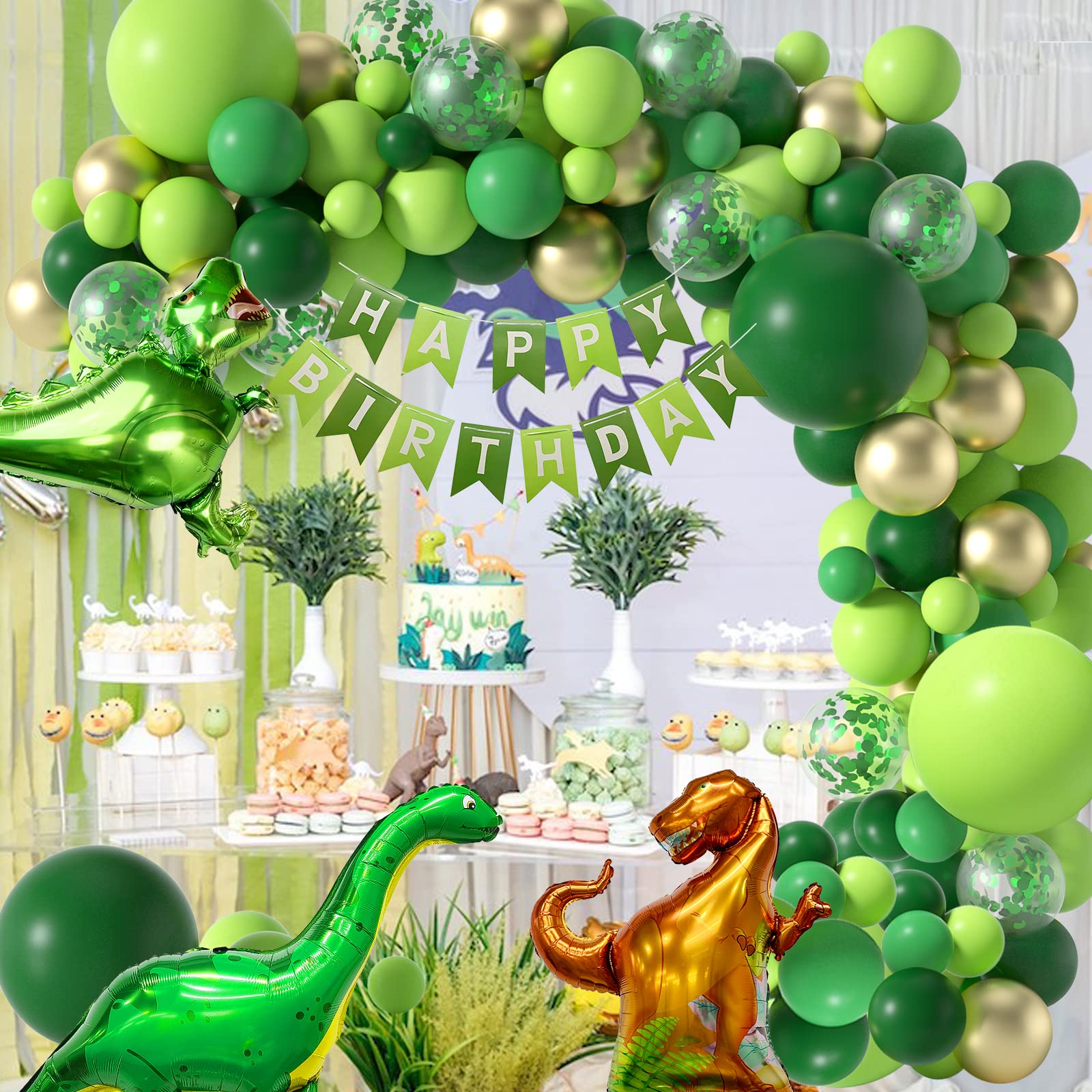 Janinus Dinosaur Party Balloon Garland Kit-119PCS Jurassic World Three Rex Balloon Arch Kit With Green Gold Balloons 4D T-Rex Balloons For Dinosaur Jungle Jurassic Safari Theme Birthday Party Decor