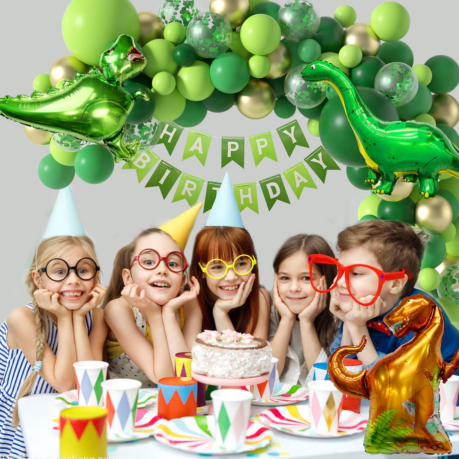 Janinus Dinosaur Party Balloon Garland Kit-119PCS Jurassic World Three Rex Balloon Arch Kit With Green Gold Balloons 4D T-Rex Balloons For Dinosaur Jungle Jurassic Safari Theme Birthday Party Decor