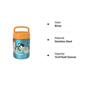 Zak Designs Bluey Kids' Vacuum Insulated Stainless Steel Food Jar with Carry Handle, Thermal Container for Travel Meals and Lunch On the Go (12 oz, 18/8 SS)