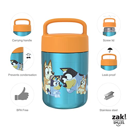 Zak Designs Bluey Kids' Vacuum Insulated Stainless Steel Food Jar with Carry Handle, Thermal Container for Travel Meals and Lunch On the Go (12 oz, 18/8 SS)