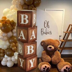 wood grain printing baby shower display boxes party decorations, neutral gender reveal party backdrop, brown teddy bear baby stacking blocks backdrop with letters for boy girl birthday party