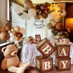 Wood Grain Printing Baby Shower Display Boxes Party Decorations, Neutral Gender Reveal Party Backdrop, Brown Teddy Bear Baby Stacking Blocks Backdrop with Letters for Boy Girl Birthday Party