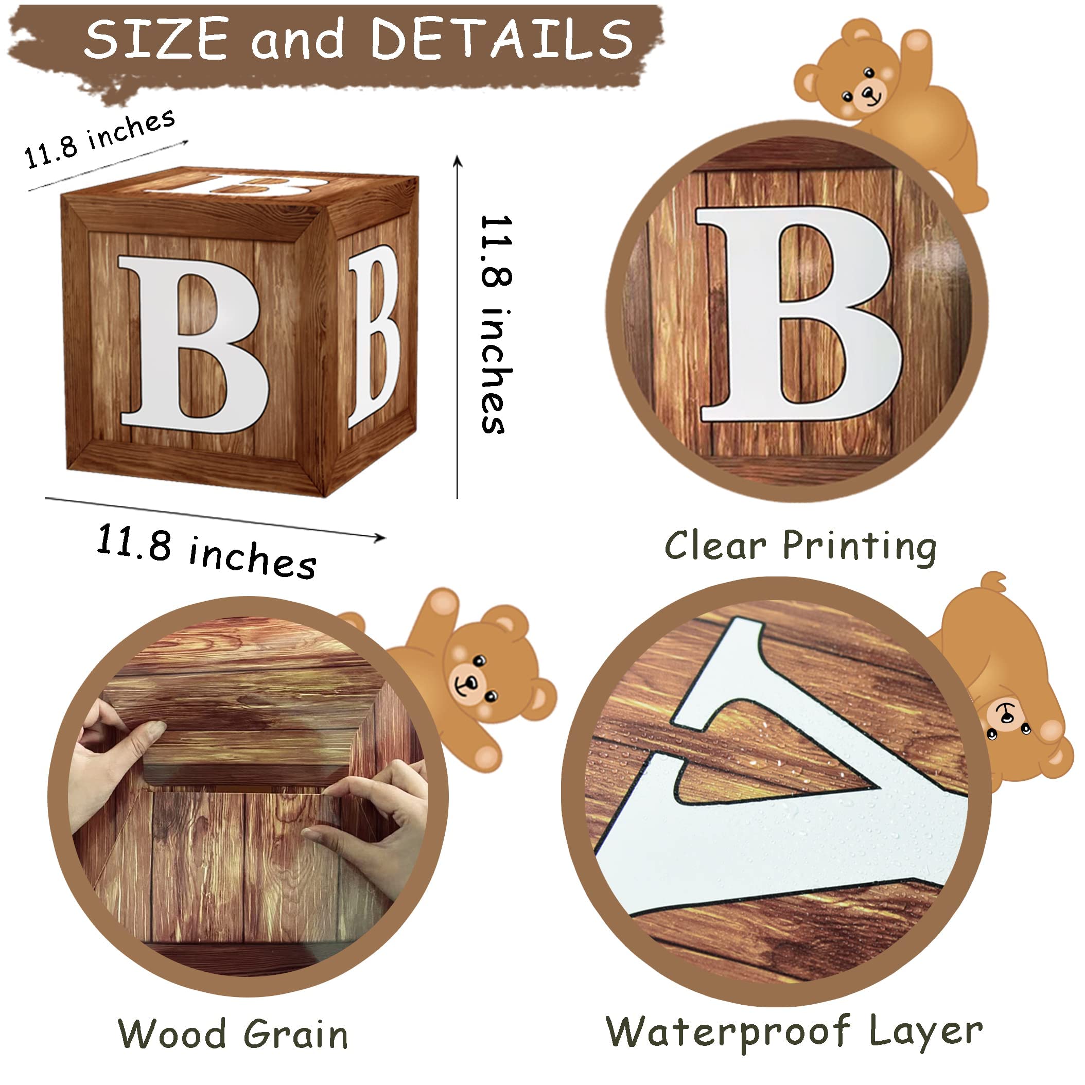 Wood Grain Printing Baby Shower Display Boxes Party Decorations, Neutral Gender Reveal Party Backdrop, Brown Teddy Bear Baby Stacking Blocks Backdrop with Letters for Boy Girl Birthday Party